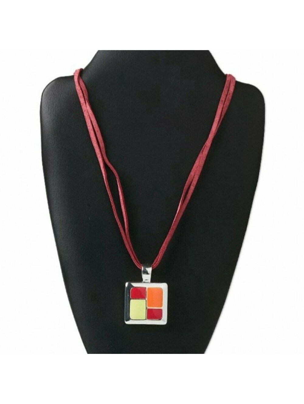 Mid Century Style Citrus and Silver Enameled Pendant Necklace